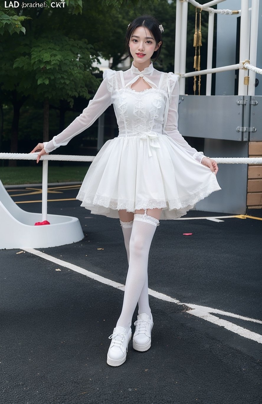 4k,best quality,masterpiece,18yo 1girl,(lolita_fashion),(white stockings), alluring smile, 
(Beautiful and detailed eyes),
Detailed face, detailed eyes, double eyelids ,thin face, real hands, Slender legs, whole body, white shoes, semi visible abs, ((short hair with long locks:1.2)), black hair, playground background,
real person, 
