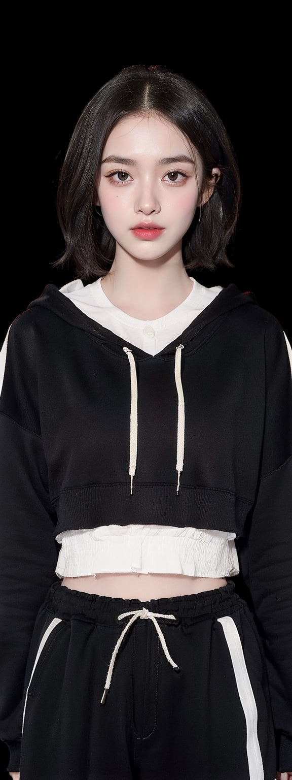 4k,best quality,masterpiece,18yo 1girl,(cropped sweatshirt),(demin pant), alluring smile, open hoodie,

(Beautiful and detailed eyes),
Detailed face, detailed eyes, double eyelids ,thin face, real hands, muscular fit body, semi visible abs, ((short hair with long locks:1.2)), black hair, black background,playground,white stockings


real person, lolita_fashion
