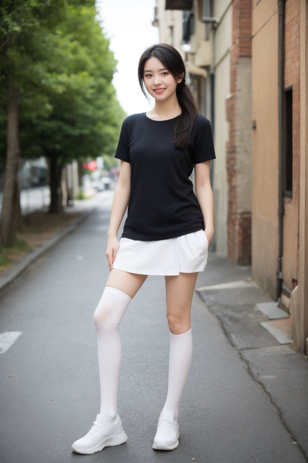 20-year-old girl,solo, long hair, looking at viewer, smile, black hair, dress, brown eyes, standing, full body, short sleeves, outdoors, shoes, day, socks, white dress, tree, lips, kneehighs, white footwear, white socks, ground vehicle, sneakers, realistic, hands in pockets, road, street