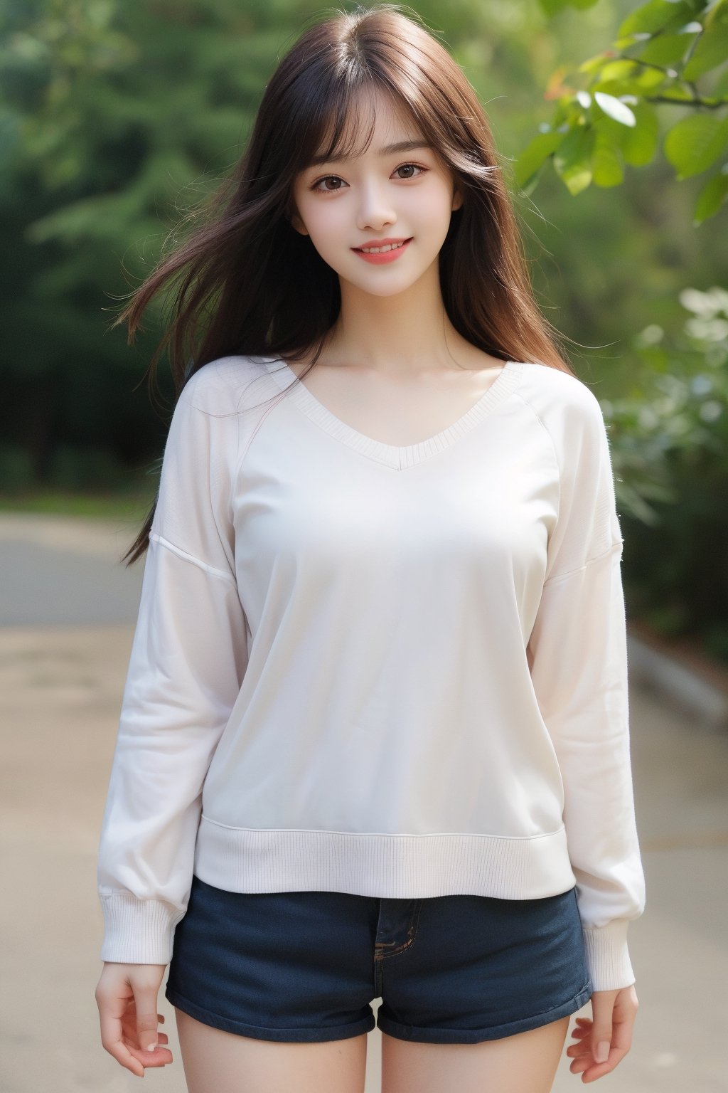 (8k,  best quality,  masterpiece,  ultra high res,  highly detail face:1.3),  Stand whole body, portrait,  (12 years old girl:1.3),  beautiful,  kawaii,  (very wide shot :1.2),  (long hair :1.3),  dark hair,  ((bob)),  Slender legs, white sneakers,clothes,  from front,  (smile toothy :1.2), sweat ,  (morning:1.3), School, Uniforms, 