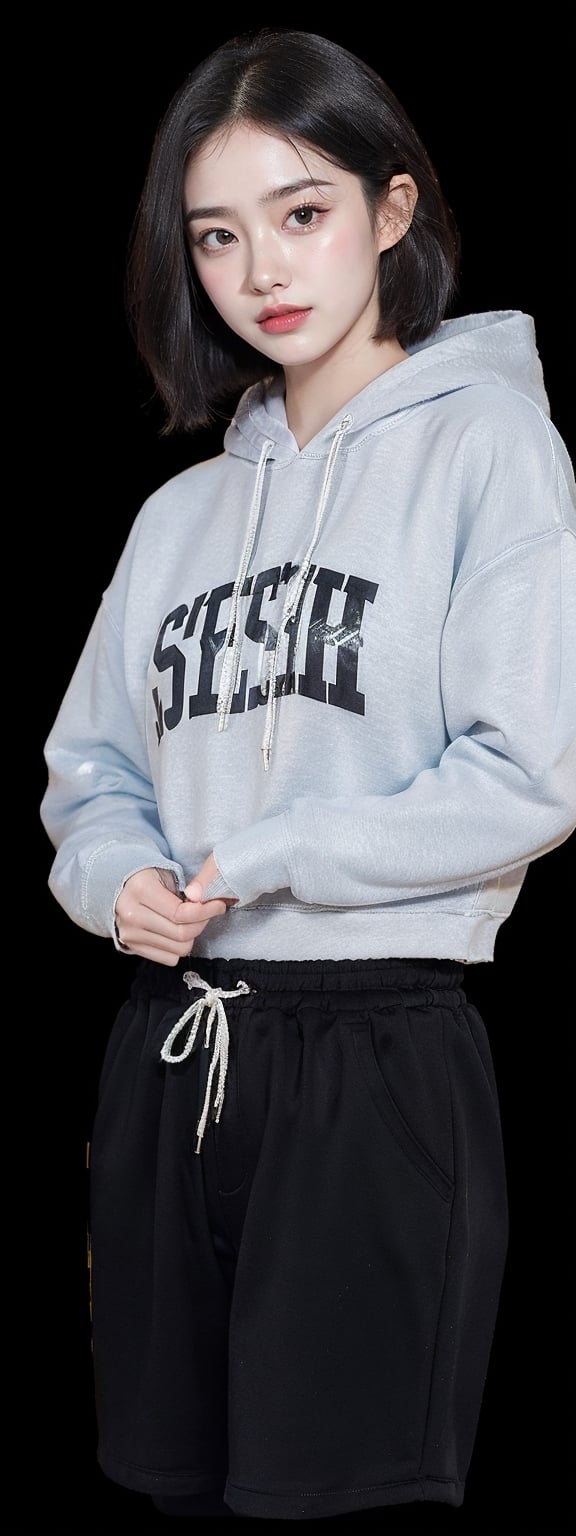 4k,best quality,masterpiece,18yo 1girl,(cropped sweatshirt),(demin pant), alluring smile, open hoodie,

(Beautiful and detailed eyes),
Detailed face, detailed eyes, double eyelids ,thin face, real hands, muscular fit body, semi visible abs, ((short hair with long locks:1.2)), black hair, black background,lolita


real person, color splash style photo,
