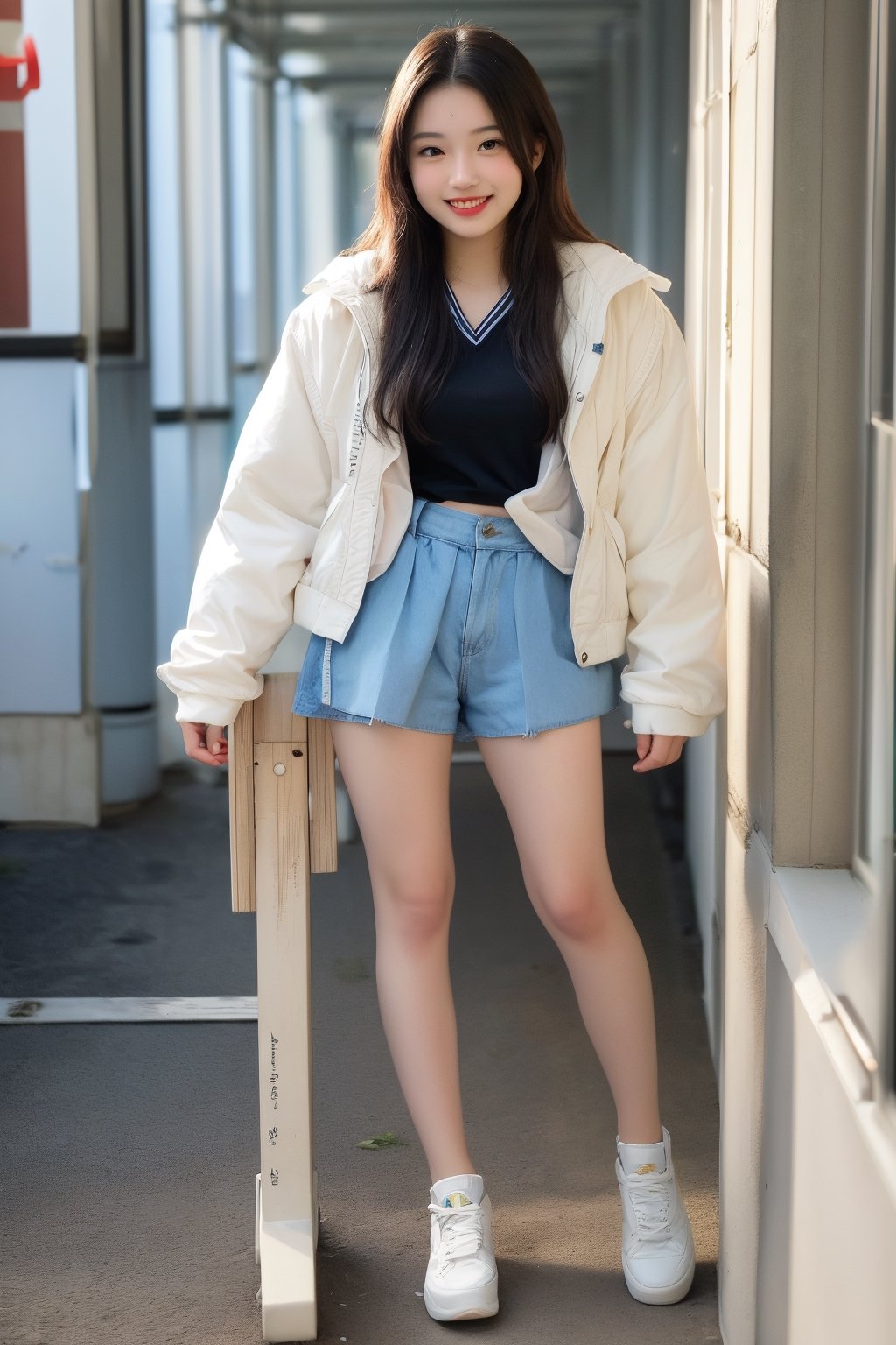 (8k,  best quality,  masterpiece,  ultra high res,  highly detail face:1.3),  Stand whole body, portrait,  (12 years old girl:1.3),  beautiful,  kawaii,  (very wide shot :1.2),  (long hair :1.3),  dark hair,  ((bob)),  Slender legs, white sneakers,clothes,  from front,  (smile toothy :1.2), sweat ,  (morning:1.3), School, Uniforms, 