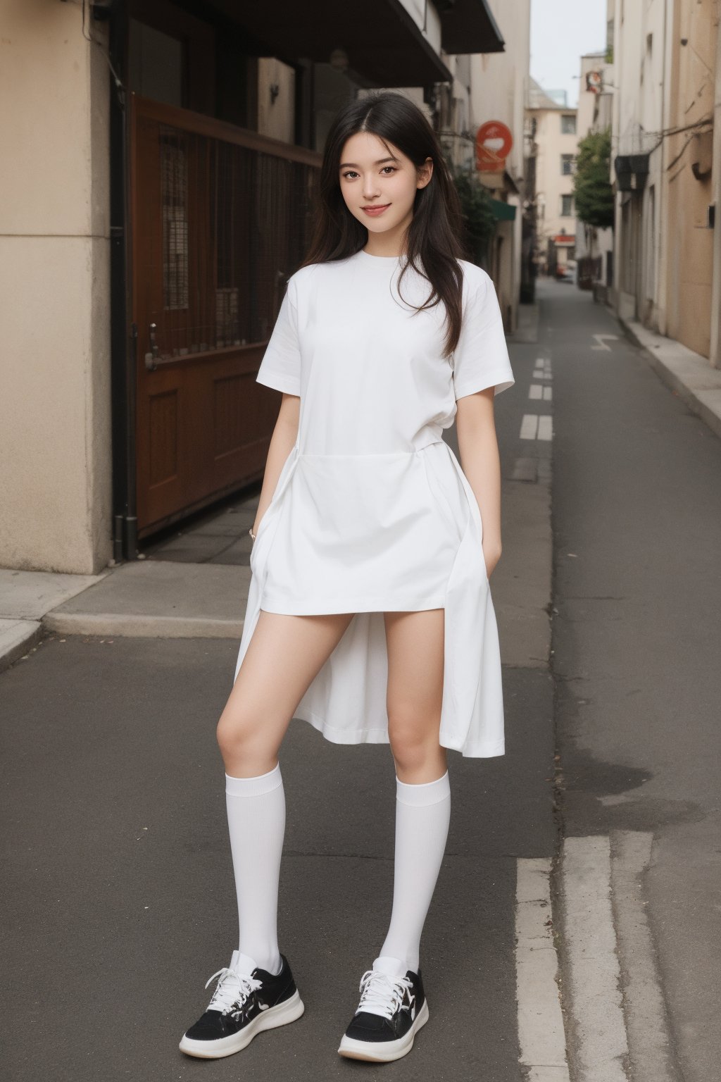 20-year-old girl,solo, long hair, looking at viewer, smile, black hair, dress, brown eyes, standing, full body, short sleeves, outdoors, shoes, day, socks, white dress, tree, lips, kneehighs, white footwear, white socks, ground vehicle, sneakers, realistic, hands in pockets, road, street