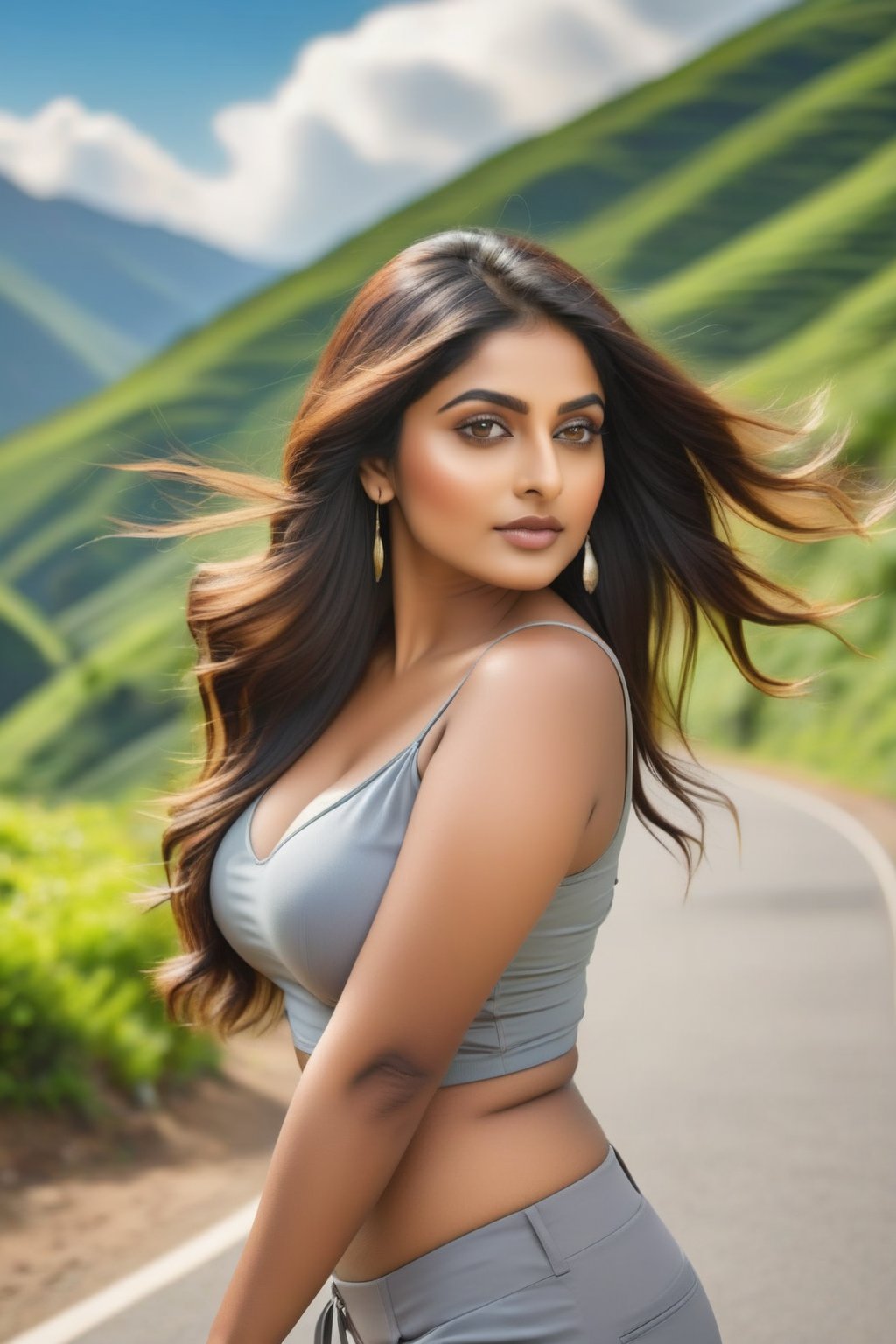 sexy indian woman posing on the side of a road with mountains in the, busty, very curvy, the super hot and sexy, beautiful curvy female, curvy figure, attractive curves, curvy body, big breasts!!, A woman with long, flowing hair walks confidently along a scenic roadside. She wears a form-fitting, light gray crop top and tailored gray shorts, accentuating her figure. The background features lush green hills and a blue sky with fluffy clouds, creating a vibrant and lively atmosphere.