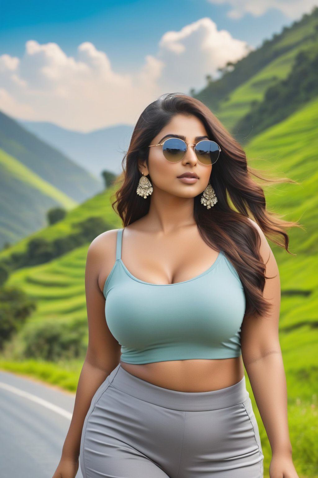 sexy indian woman posing on the side of a road with mountains in the, busty, very curvy, the super hot and sexy, beautiful curvy female, curvy figure, attractive curves, curvy body, big breasts!!, A woman with long, flowing hair walks confidently along a scenic roadside. She wears a form-fitting, light gray crop top and tailored gray shorts, accentuating her figure. The background features lush green hills and a blue sky with fluffy clouds, creating a vibrant and lively atmosphere.