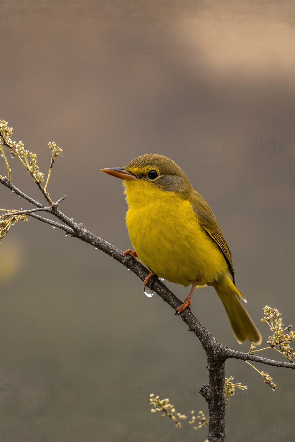 This image captures a moment of natural beauty, featuring a vibrant yellow bird perched on a slender branch. The bird's plumage is a radiant shade of yellow, with hints of gray on its wings and back. Its beak is sharp and pointed, suggesting it might be a species that feeds on insects or small fruits. The bird's eye is alert and focused, possibly scanning the surroundings for potential threats or food sources.

The branch it's perched on is delicate and thin, with a few budding leaves or flowers emerging, indicating that it might be early spring or late winter. The branch is adorned with small droplets of water, which glisten in the soft light, adding to the serene ambiance of the scene.

The background is blurred, creating a bokeh effect that emphasizes the bird and the branch. The warm, golden hues of the light suggest either dawn or dusk, a time when the sun casts a soft, diffused light that enhances the colors and textures in the scene. The overall mood conveyed by the image is one of tranquility and natural elegance.