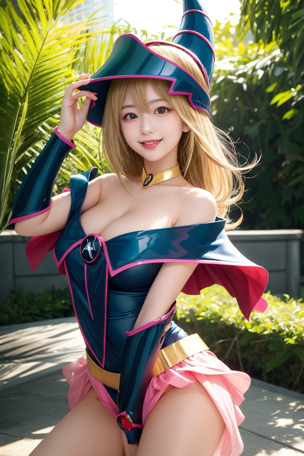 A vibrant and cheerful scenario! Here's a prompt that captures the essence:

Sun-kissed Yu-Gi-Oh Dark Magician Girl, 18 years young, exudes sweet charm as she beams directly at the viewer. Blonde locks cascade down her shoulders, framing her bright smile. Her big breasts are accentuated by the warm outdoor lighting, casting a flattering glow. Set against the lush greenery of a city park on a sunny day, this reality-bending moment freezes time, inviting us to bask in her radiant happiness.