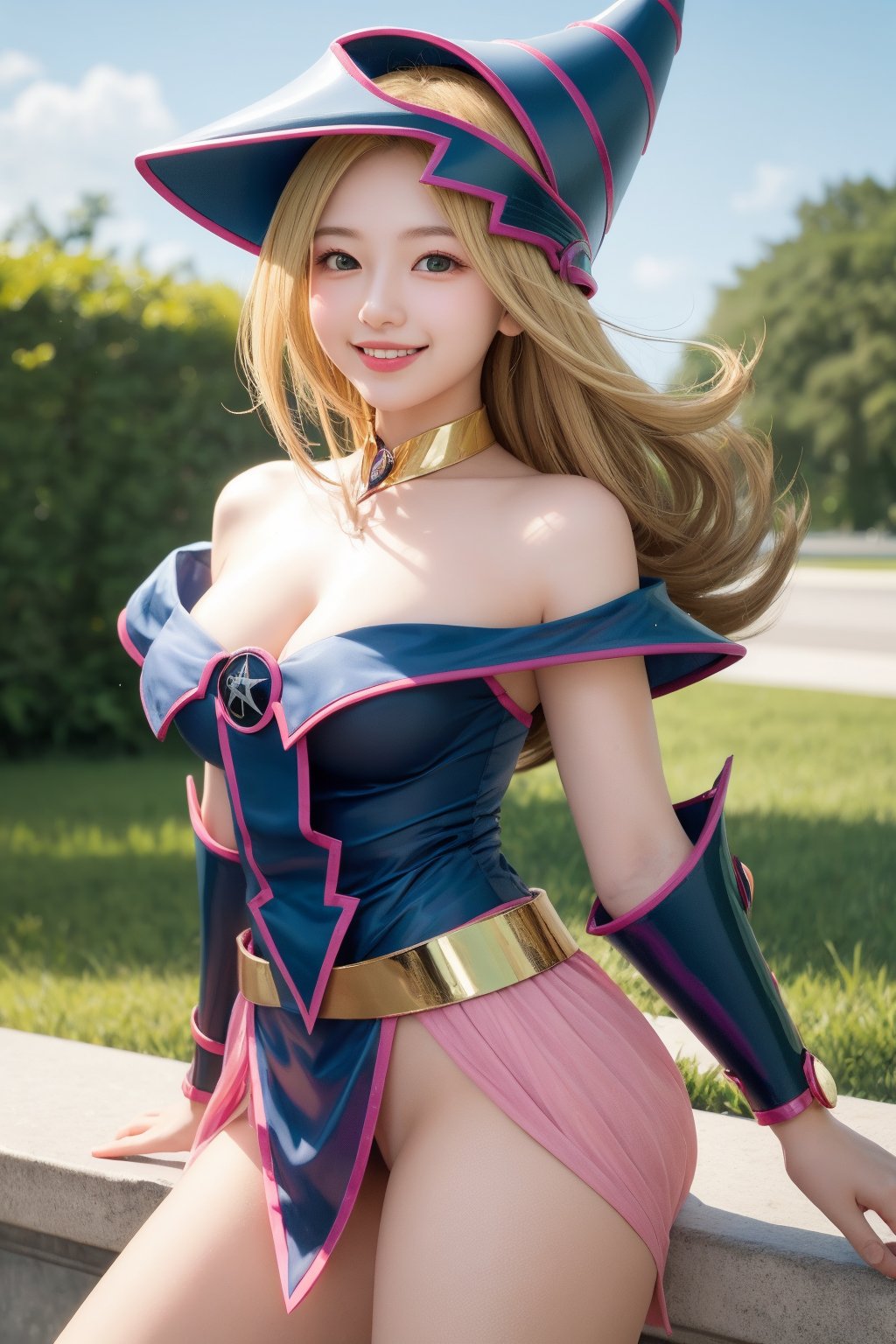 A vibrant and cheerful scenario! Here's a prompt that captures the essence:

Sun-kissed Yu-Gi-Oh Dark Magician Girl, 18 years young, exudes sweet charm as she beams directly at the viewer. Blonde locks cascade down her shoulders, framing her bright smile. Her big breasts are accentuated by the warm outdoor lighting, casting a flattering glow. Set against the lush greenery of a city park on a sunny day, this reality-bending moment freezes time, inviting us to bask in her radiant happiness.