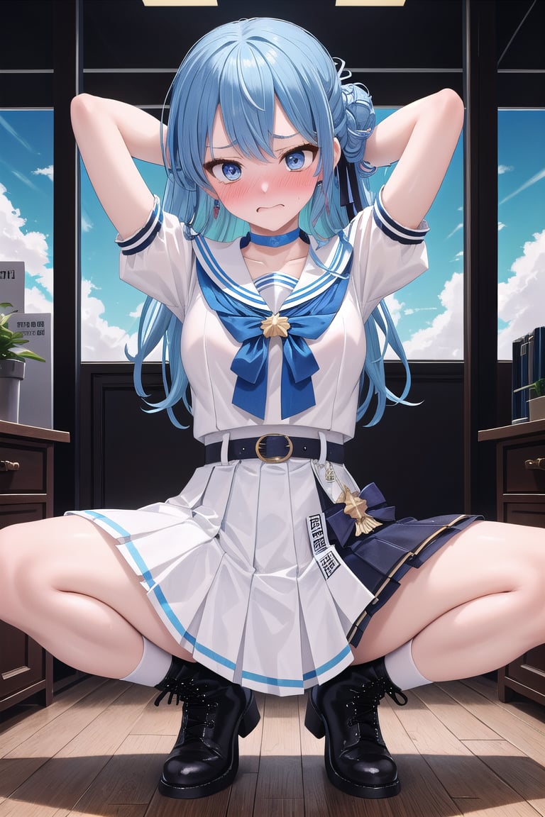 ((office)),((embarrassed)) ,squatting, spread legs, arms behind head,black boots,masterpiece, best quality, absurdres, perfect anatomy, SuiseiSchool, long hair, half updo, white serafuku, blue choker, blue bowtie, blue belt, white skirt, short sleeves, indoors, (masterpiece),scenery