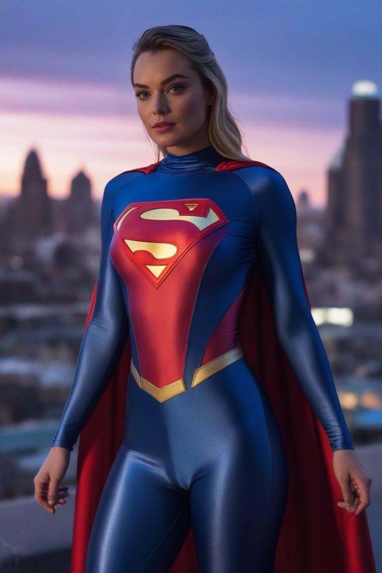 Margot Robbie stands confidently in a vibrant, neon-lit cityscape at dusk. She wears a sleek, satin-superman-((zentai spandex satin costume)), the iconic S symbol emblazoned on her chest. The Spandex fabric hugs her curves, accentuating her toned physique. With one hand resting on her hip and the other grasping an invisible cape, Margot strikes a powerful pose, gazing directly at the camera with a mischievous glint in her eye, as if ready to take flight and save the day.