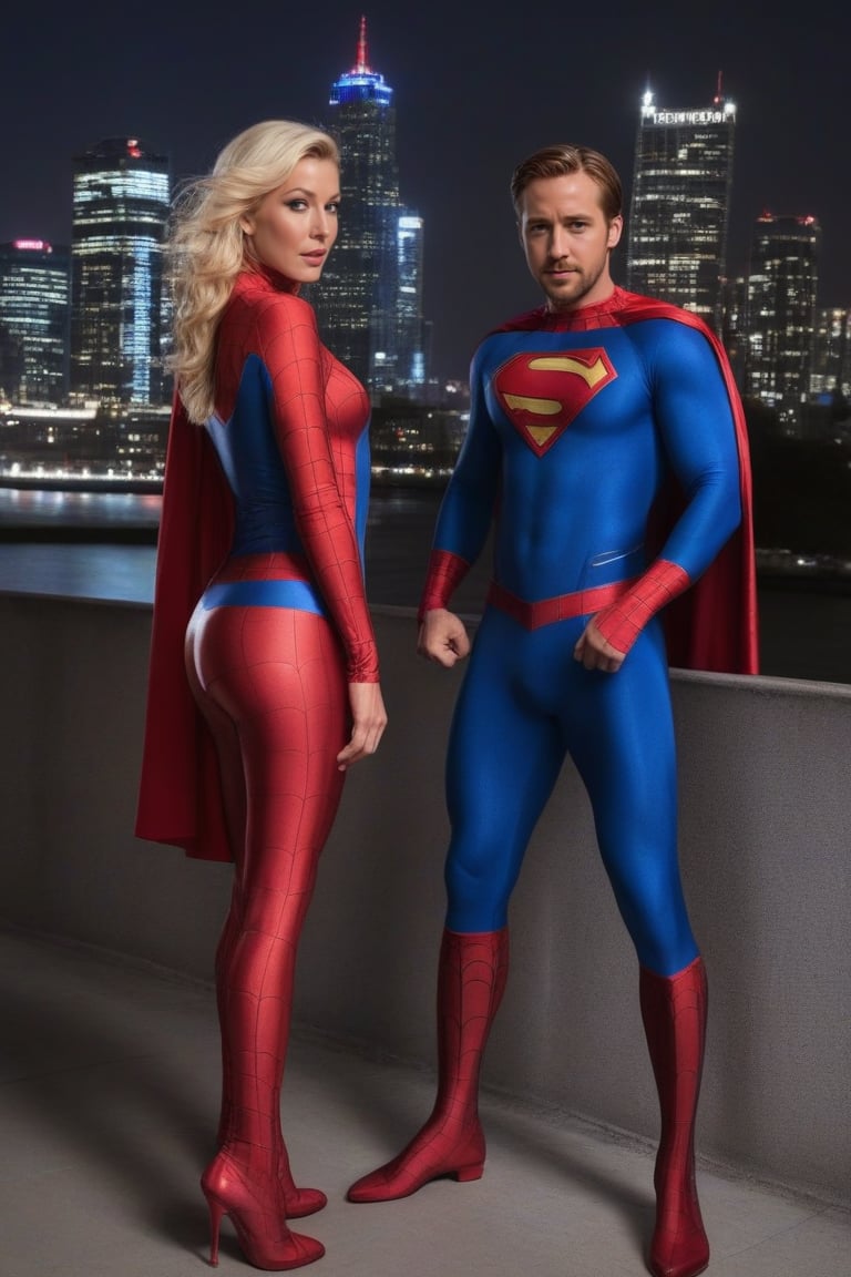 A dynamic duo! Denise Van Outen poses confidently in a sleek, high-gloss Spiderman zentai spandex satin costume, the vibrant red and blue hues accentuated by dramatic lighting. Ryan Gosling, donning a bold Superman costume, stands tall beside her, his cape flowing elegantly as he gazes out at the cityscape behind them. The contrasting fabrics of their costumes create a striking visual tension, set against a dark, gritty urban backdrop that seems to pulse with energy.