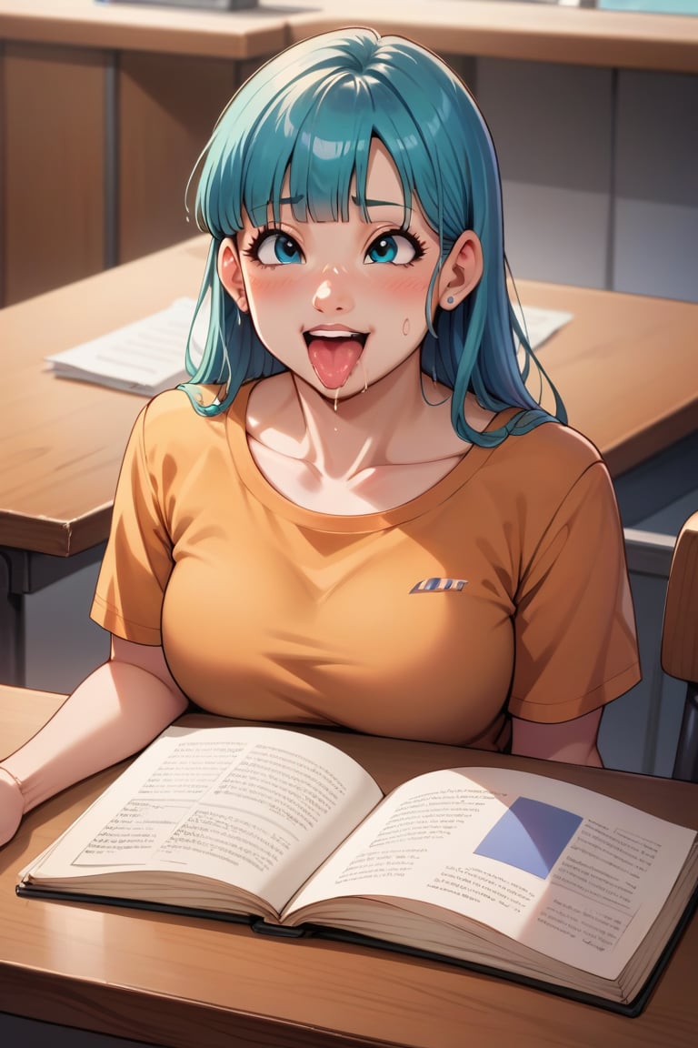 BREAK,score_4_up,score_5_up,score_6_up,score_7_up,score_8_up,score_9, source_anime, masterpiece,best quality, Oily skinned, Oily hair, (Masterpiece),(Top quality, perfect face), personundertable, Bulma (Bulma from Dragon Ball), blue hair, drooling, open mount, tongue out