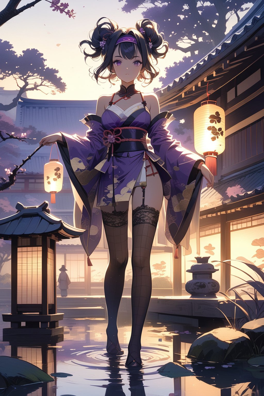 A dimly lit Japanese garden at dusk, with a subtle mist rising from the serene pond. Two stunning kunoichi girls stand together, their piercing gazes fixed directly on the viewer. The soft glow of lanterns accentuates their striking features, highlighting matching headbands and handwear that complement their vibrant purple and black hairstyles. Their curvaceous figures are showcased in tight fishnet thigh-highs, leaving little to the imagination. The camera's focus is razor-sharp, capturing every detail of their beautiful faces, anatomy, and bodies, as if suspended in a moment of time.