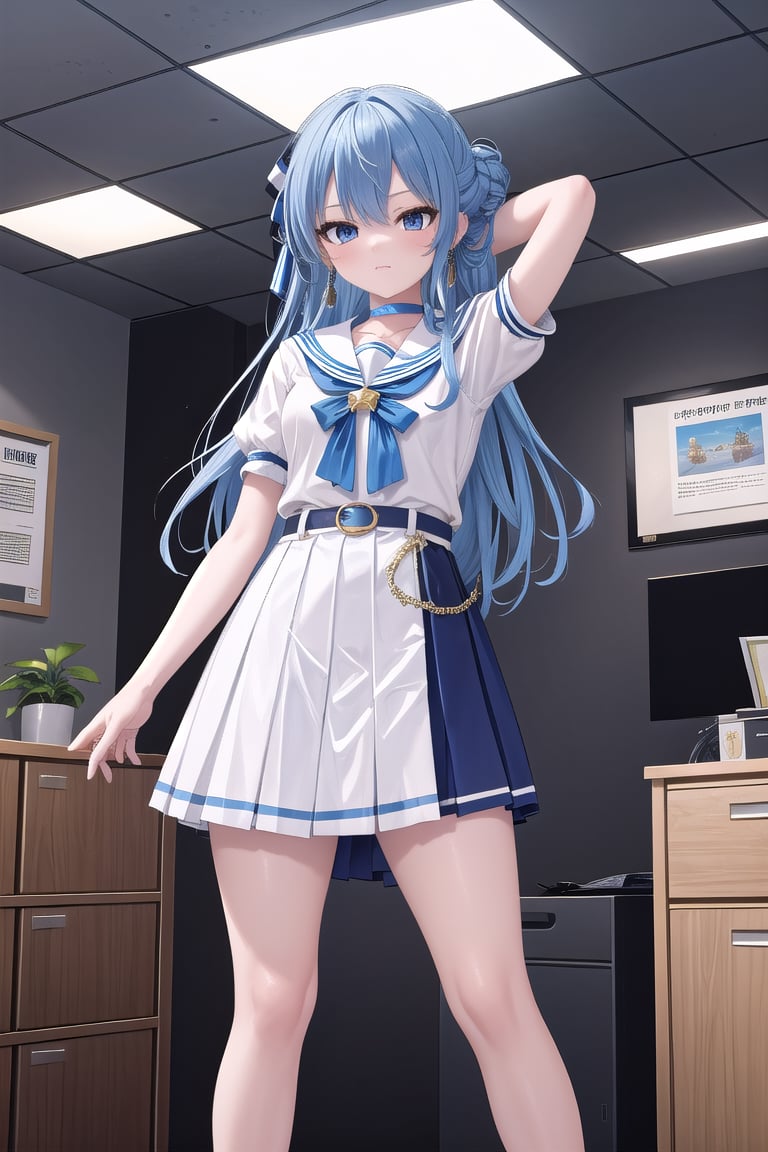 masterpiece, best quality, absurdres, perfect anatomy, SuiseiSchool, long hair, half updo, white serafuku, blue choker, blue bowtie, blue belt, white skirt, short sleeves, indoors, ((office)),arms behind head,spread legs, ((standing)),(masterpiece),scenery