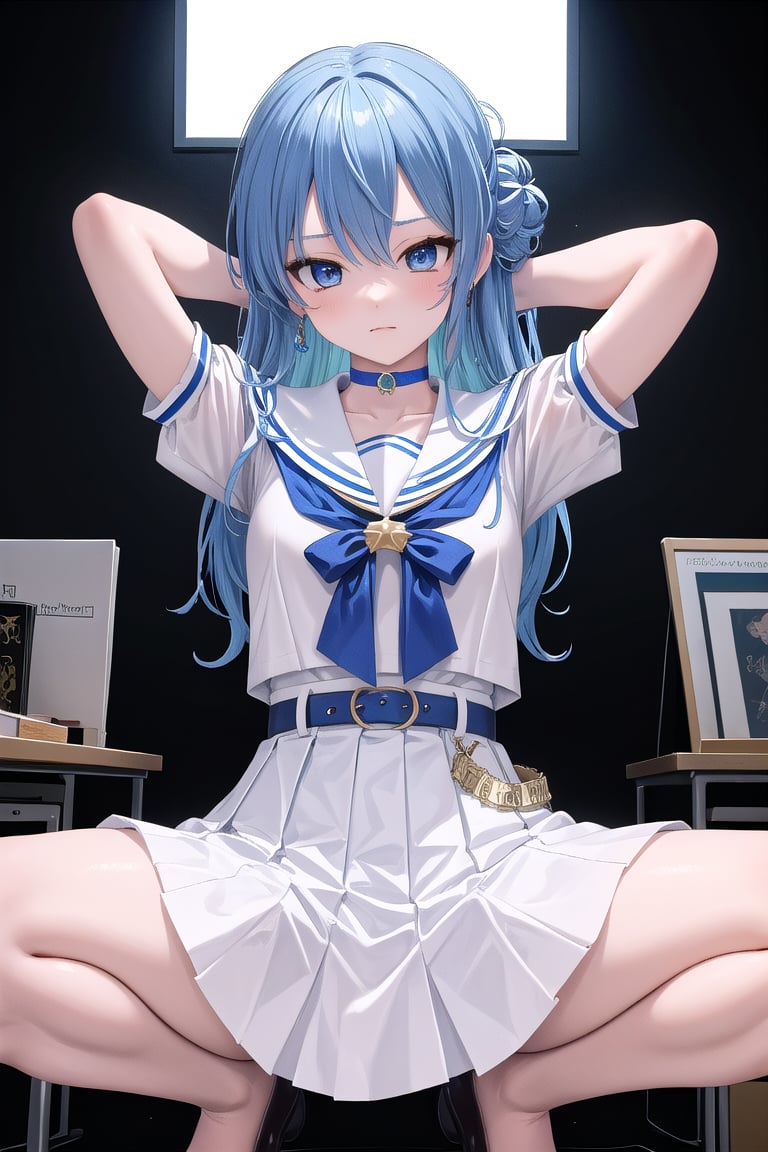 ((office)),squatting, spread legs, arms behind head,masterpiece, best quality, absurdres, perfect anatomy, SuiseiSchool, long hair, half updo, white serafuku, blue choker, blue bowtie, blue belt, white skirt, short sleeves, indoors, (masterpiece),scenery