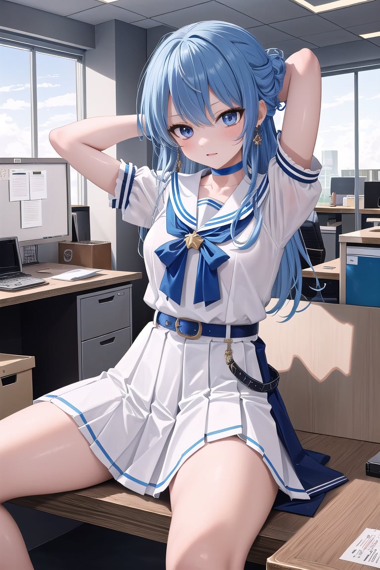 masterpiece, best quality, absurdres, perfect anatomy, SuiseiSchool, long hair, half updo, white serafuku, blue choker, blue bowtie, blue belt, white skirt, short sleeves, indoors, ((office)),arms behind head,spread legs, standing,(masterpiece),scenery