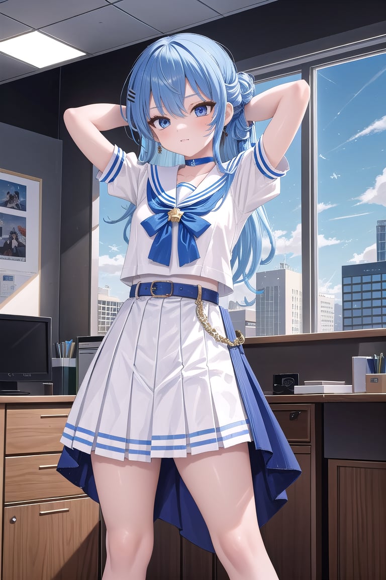 ((office)),arms behind head,spread legs, ((standing)),masterpiece, best quality, absurdres, perfect anatomy, SuiseiSchool, long hair, half updo, white serafuku, blue choker, blue bowtie, blue belt, white skirt, short sleeves, indoors, (masterpiece),scenery,