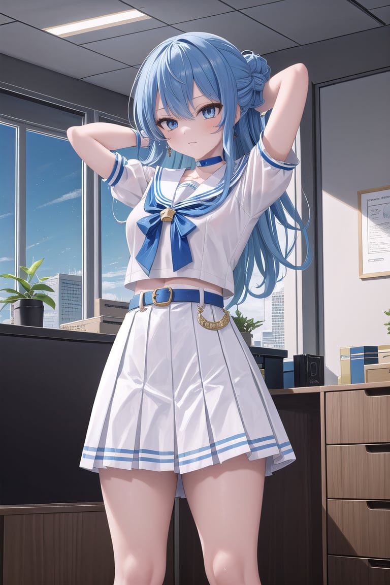 ((office)),arms behind head,spread legs, ((standing)),masterpiece, best quality, absurdres, perfect anatomy, SuiseiSchool, long hair, half updo, white serafuku, blue choker, blue bowtie, blue belt, white skirt, short sleeves, indoors, (masterpiece),scenery