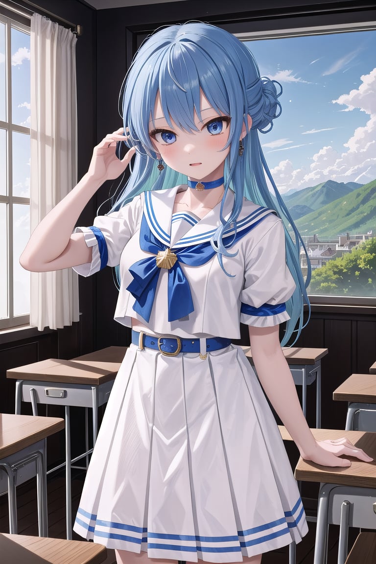 masterpiece, best quality, absurdres, perfect anatomy, SuiseiSchool, long hair, half updo, white serafuku, blue choker, blue bowtie, blue belt, white skirt, short sleeves, indoors, classroom,(masterpiece),scenery