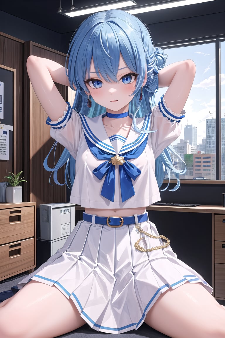 masterpiece, best quality, absurdres, perfect anatomy, SuiseiSchool, long hair, half updo, white serafuku, blue choker, blue bowtie, blue belt, white skirt, short sleeves, indoors, (office),arms behind head,spread legs, (masterpiece),scenery