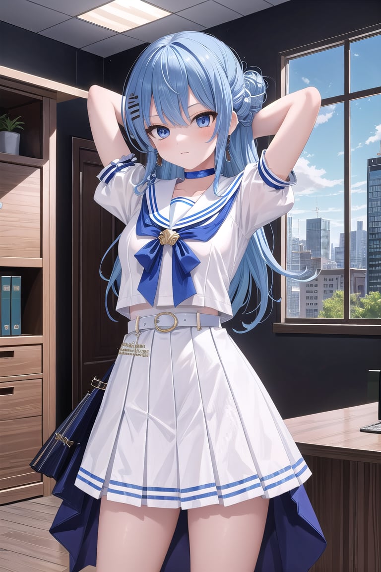 ((office)),arms behind head,spread legs, ((standing)),masterpiece, best quality, absurdres, perfect anatomy, SuiseiSchool, long hair, half updo, white serafuku, blue choker, blue bowtie, blue belt, white skirt, short sleeves, indoors, (masterpiece),scenery,