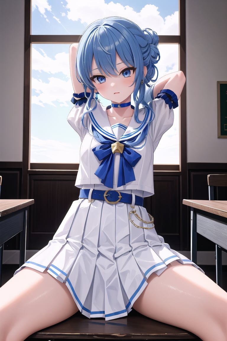 masterpiece, best quality, absurdres, perfect anatomy, SuiseiSchool, long hair, half updo, white serafuku, blue choker, blue bowtie, blue belt, white skirt, short sleeves, indoors, classroom,arms behind head,spread legs, (masterpiece),scenery