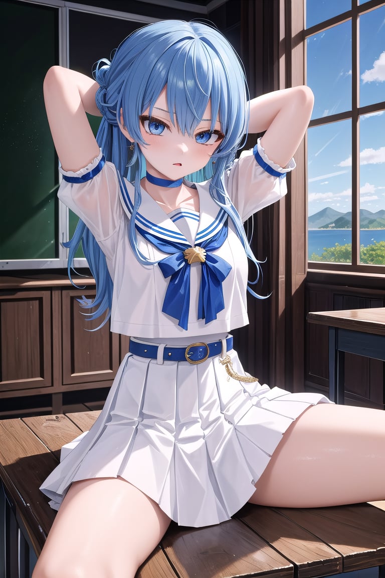 masterpiece, best quality, absurdres, perfect anatomy, SuiseiSchool, long hair, half updo, white serafuku, blue choker, blue bowtie, blue belt, white skirt, short sleeves, indoors, classroom,arms behind head,spread legs, (masterpiece),scenery