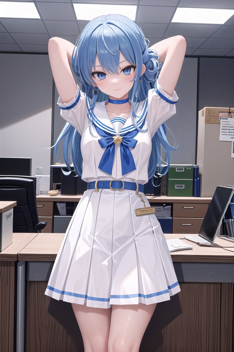 masterpiece, best quality, absurdres, perfect anatomy, SuiseiSchool, long hair, half updo, white serafuku, blue choker, blue bowtie, blue belt, white skirt, short sleeves, indoors, ((office)),arms behind head,spread legs, ((standing)),(masterpiece),scenery