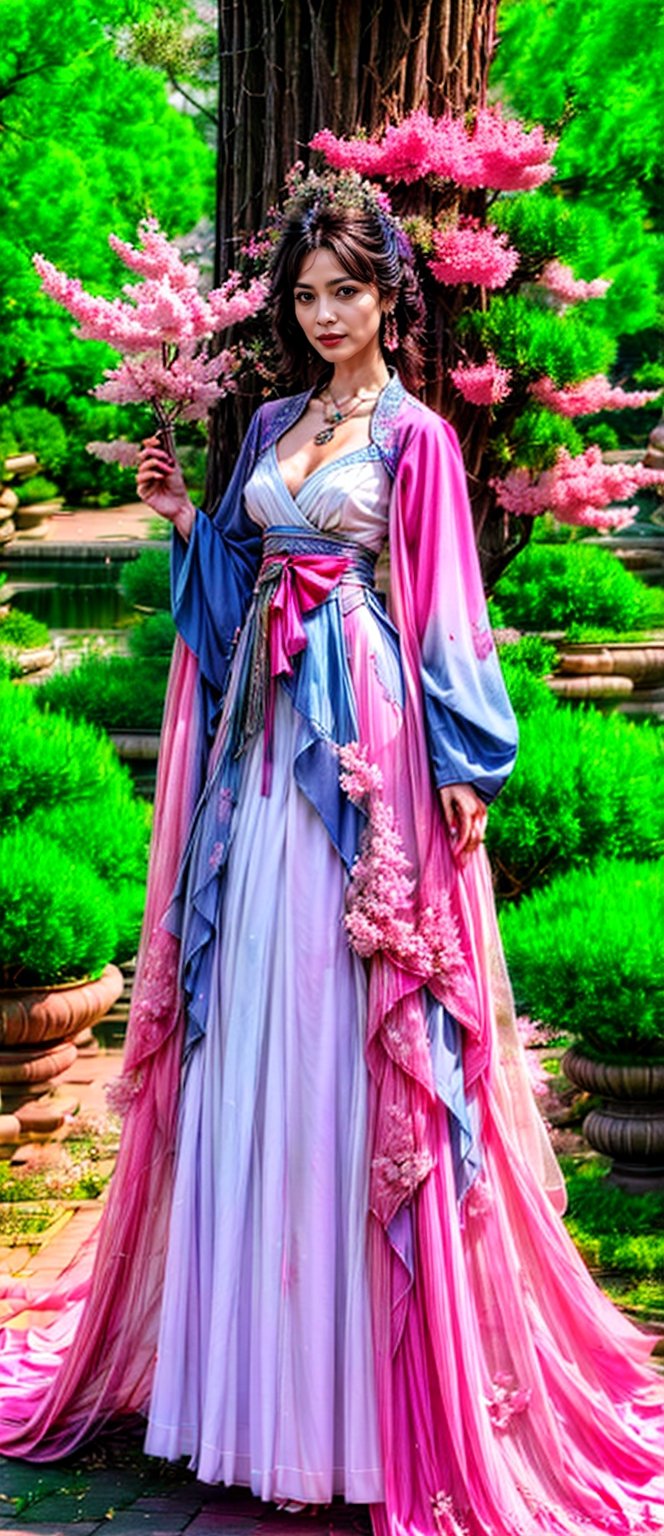 1girl, solo, updo, white hair, white skin, hair accessories, long sleeves, dress, holding, jewelry, standing, full body, flower, earrings, hair flower, wide sleeves, necklace, tree, petals, hanfu, mailbox, sakura , tassels, hand fans, folding fans, hug fans, Hanfu, ancient beauty, beautiful legs