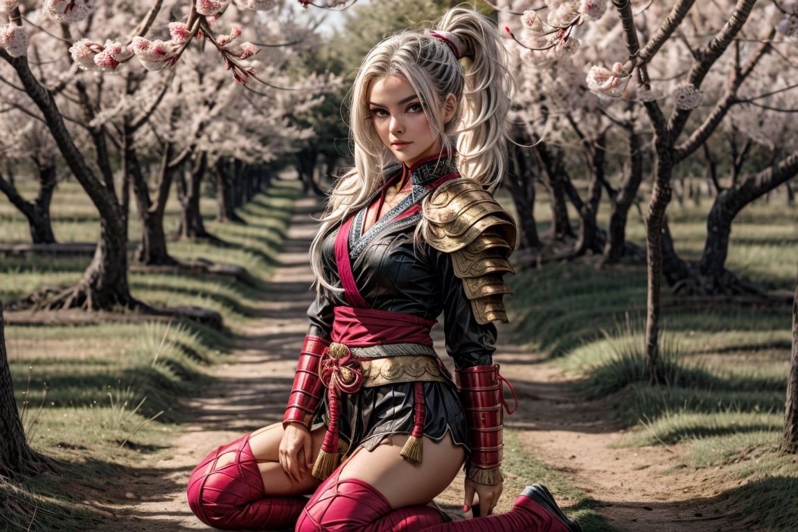 High quality, masterpiece, 1 girl, sole female, long straight white hair in a ponytail, pink eyes, white samurai armor, kneeling in a cherry orchard with a katana at her side