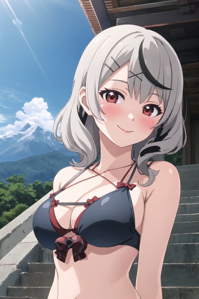 mesugaki,8k, masterpiece, Great quality, Ultra Detailed, Illustration, Game CG, chloeswim, upper body, smile, ((blush)), outdoors, day, simple background, blue sky, sky, temple, looking at viewer, stairs, mountain, moody lighting, facing viewer,