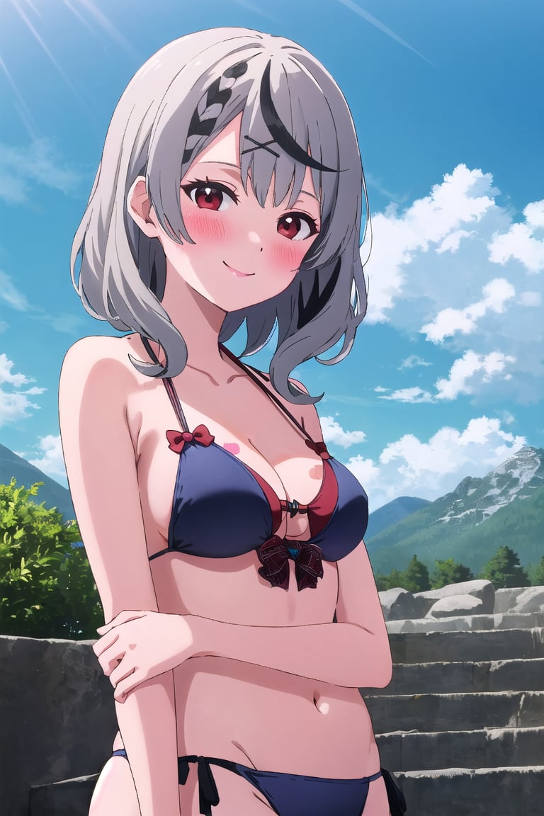 mesugaki,8k,chloeswim, upper body, smile, ((blush)), outdoors, day, simple background, blue sky, sky, temple, looking at viewer, stairs, mountain, moody lighting, facing viewer,