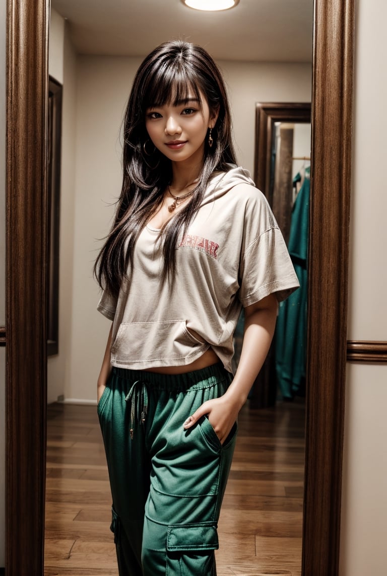 16 yo,beautiful korean girl,16 yo,dark hair(very long hair, straight hair,bangs),hiphop dancer,smile,wearing loose fit hood t shirt,wearing red color wide cargo pants,sneakers,sneakers,dancing prctice hall,standng in front of mirror wall,accessories(necklace,ear_rings),Best Quality, 32k, photorealistic, ultra-detailed, finely detailed, high resolution, perfect dynamic composition, beautiful detailed eyes, sharp-focus, cowboy_shot, ,green eye