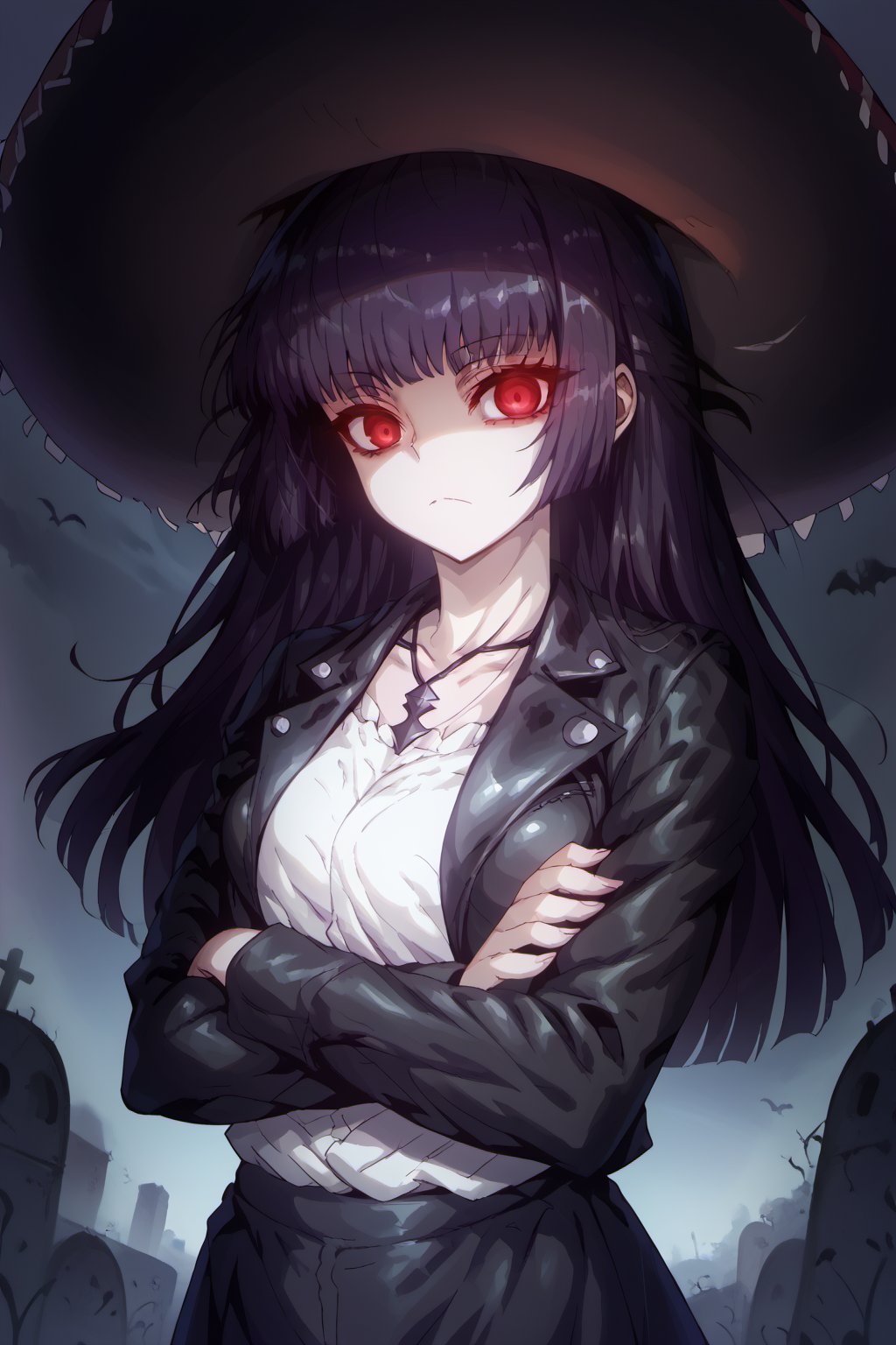 score_9, score_8_up, score_7_up, score_6_up, score_5_up, score_4_up,masterpiece,1 girl,(big black Mexican sombrero:1.4),sana sunomiya,sana sunomiya, Medium long hair, bangs, Dark purple hair, red eyes, hime cut, ringed eyes, shirt, ,long sleeves, Black leather jacket,White shirt,necklace,crossed_arms,empty eyes,disdain,Pointed and long ears,/aya_phimosis,phimosis,Glowing eyes,Graveyard background,looking at viewer,