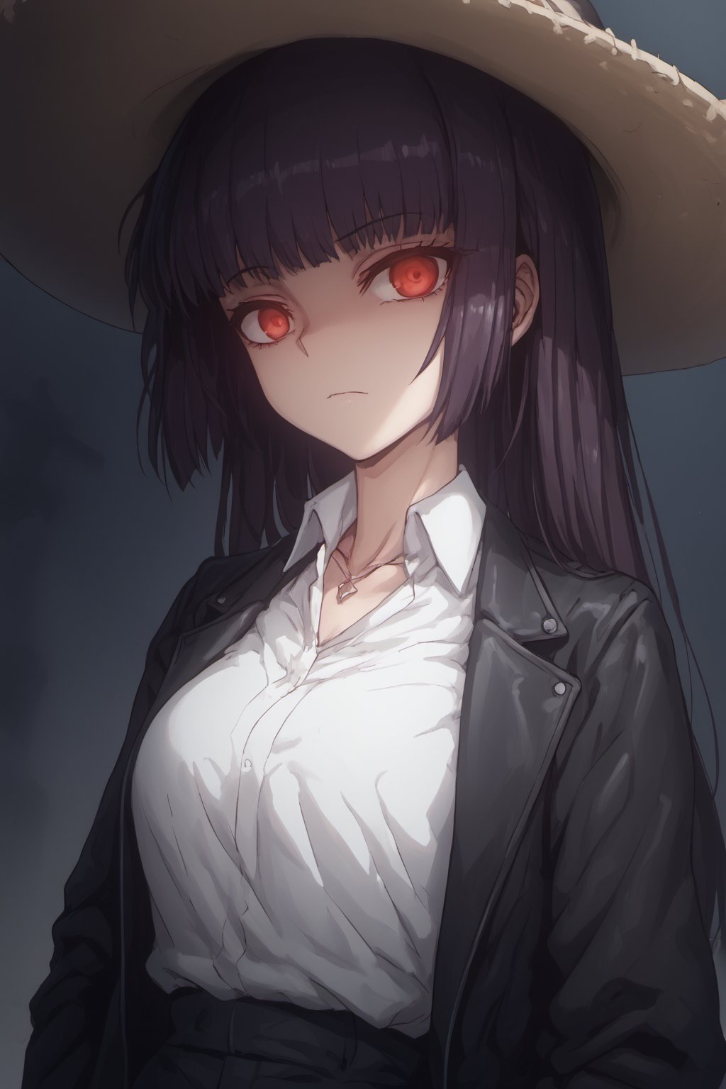 score_9, score_8_up, score_7_up, score_6_up, score_5_up, score_4_up,masterpiece,1 girl,black Mexican sombrero,Mexican,sana sunomiya,sana sunomiya, bangs, Dark purple hair,red eyes, hime cut, ringed eyes, shirt, ,long sleeves, Black leather jacket,White shirt,Collared shirt ,necklace,empty eyes,disdain,Pointed and long ears,/aya_phimosis,phimosis,Glowing eyes,Graveyard background,looking at viewer,