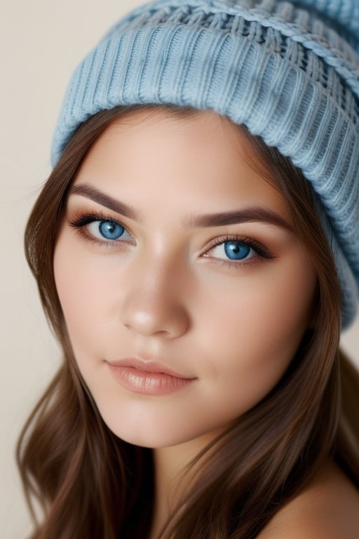 Beautiful woman brown hair blue eyes fair skin portrait photo with a beanie on 