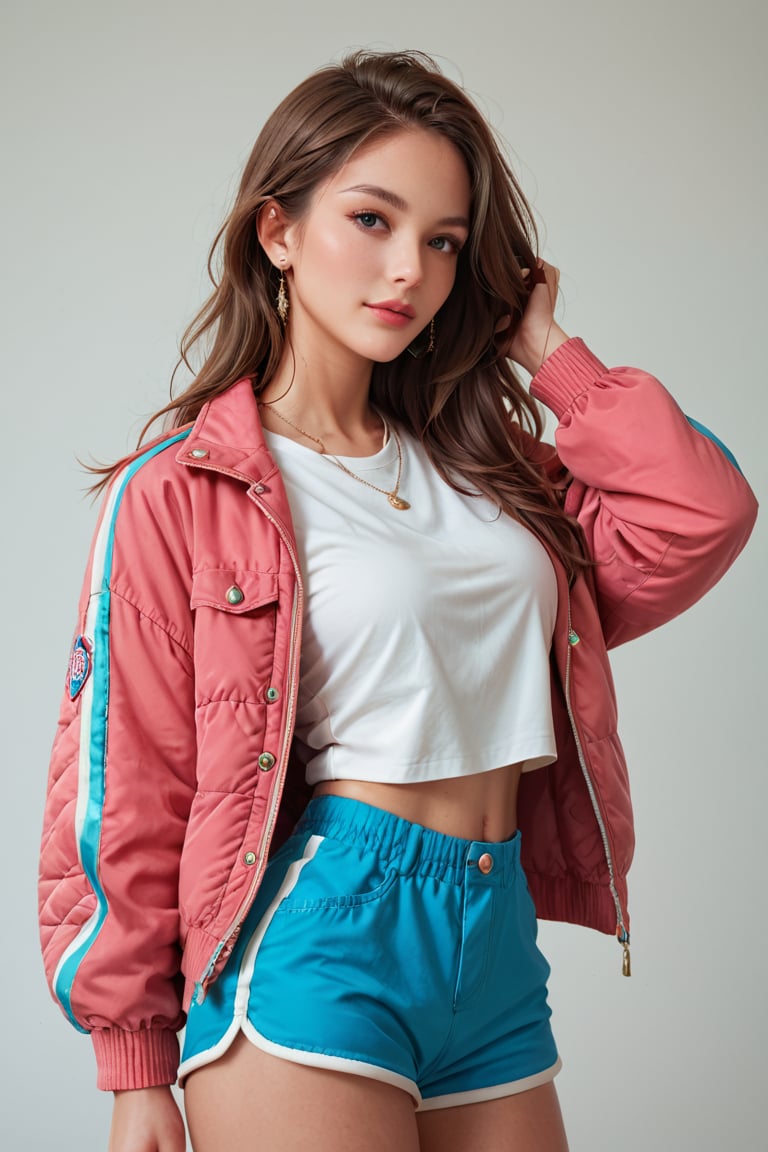 Adorable woman, wearing  shirt and jacket, more_than_one_pose , upper body shot, masterpiece, hyper details, intricate details, beautiful shorts,score_9, score_8_up, score_8,,score_7_up,