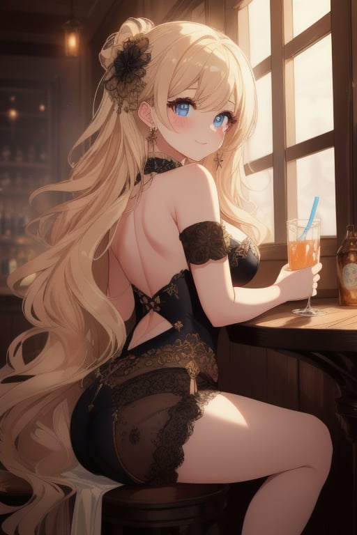 In a dimly lit steampunk-inspired bar, a stunning 25-year-old girl sits with her crossed legs and long blonde locks cascading down her back like a river of gold. Her piercing blue eyes sparkle behind a thick layer of eyeliner and eye shadow. A delicate, rosy blush adorns her cheeks as she flashes a small, shy smile. The atmosphere is romantic and gothic, with intricate clockwork machinery and vintage gadgets on display. A drink in hand, she appears a little tipsy, but her glamorous beauty remains untouched. The bokeh effect surrounding her creates a dreamy ambiance, as if the entire scene is being reflected through a misty windowpane.(masterpiece:1.4), Best Quality, 16k, ultra-detailed, finely detailed, high resolution, perfect dynamic composition ,detailed eyes, cinematic lighting, detailed background ,depth of fields ,perfect proportion ,hyperdetailing skin, 