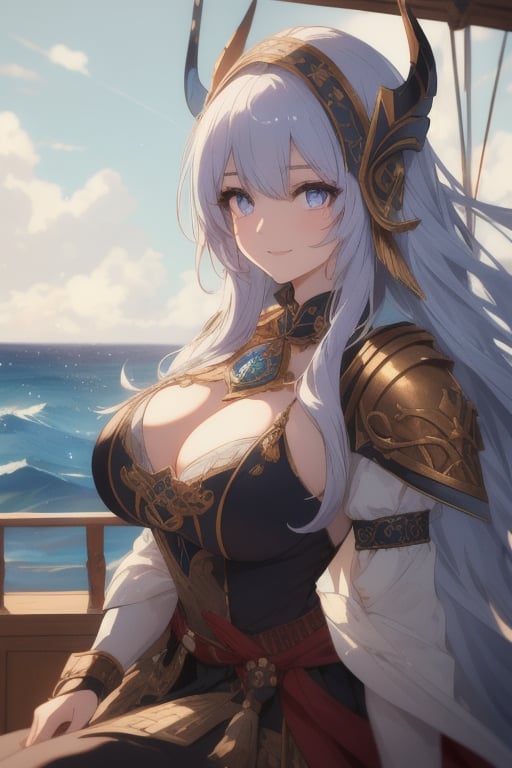 A ravishing Viking maiden, 34 years young, sits majestically on the deck, her long violet locks tangled and messy, blown by the ocean breeze. Her eyes, a piercing blue, are framed by thick lashes, their gaze steady and bold as she steers the ship with a gallant smile. The gleaming viking helmet and armor adorn her robust physique, as she stands confidently at the helm, master of her domain.(masterpiece:1.4), Best Quality, 16k, ultra-detailed, finely detailed, high resolution, perfect dynamic composition ,detailed eyes, cinematic lighting, detailed background ,depth of fields ,perfect proportion ,hyperdetailing skin, 