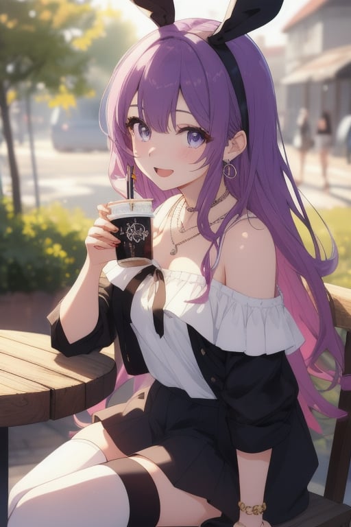 A 25-year-old girl with playful and happy vibes sits at an outdoor table bathed in warm daylight. She sports long purple hair parted with bangs, wearing a yellow off-shoulder shirt and a black miniskirt from zettai_ryouiki. Bunny ears adorn her head as she holds a cup and accessorizes with earrings and necklace. The blurry background adds to the whimsical atmosphere.(masterpiece:1.4), Best Quality, 16k, ultra-detailed, finely detailed, high resolution, perfect dynamic composition ,detailed eyes, cinematic lighting, detailed background ,depth of fields ,perfect proportion ,hyperdetailing skin, 