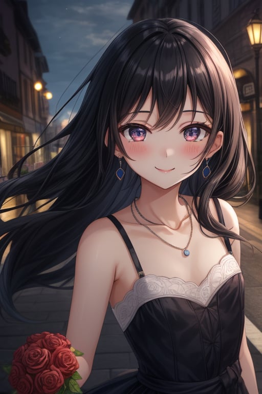 1 girl ,beautifull ,actress ,long hair,black hair ,tiny earrings ,necklace ,smile ,shyness ,kawaii ,cute ,pretty ,love and romantic ,in a dating dress ,in the europe street ,holding a rose after dating ,blushing at her first love ,flat chest ,slender ,masterpiece ,best quality ,16k ,ultra-detailed ,finely detailed ,high resolution ,perfect dynamic composition ,detailed eyes ,cinematic lighting ,detailed background ,depth of fields ,perfect proportion ,hyperdetailing skin,clear skin ,harmonious composition ,
