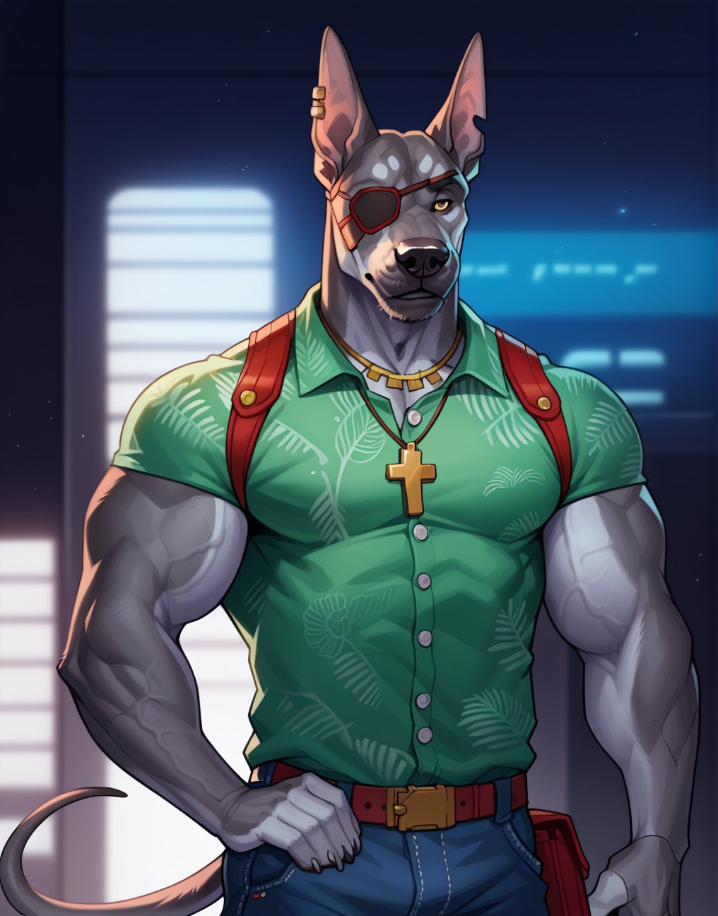 score_9, score_8up, score_7up, score_6up, source_furry, masterpiece, best_quality, anthro, furry, e621, furaffinity, solo_male, cyberpunk, sci-fi, studio_lighting, anthro_canine, dog, anthro great dane, bodybuilder, dilf, gray fur, grandfather, wearing hawaiian shirt, (by chunie:0.75), realism, realistic, steroids, biceps, age 60, veins, athletic, fitness, big head, gold_necklace, robotic_left_arm, metal_left_arm, wearing_an_eyepatch, shoulder_holster