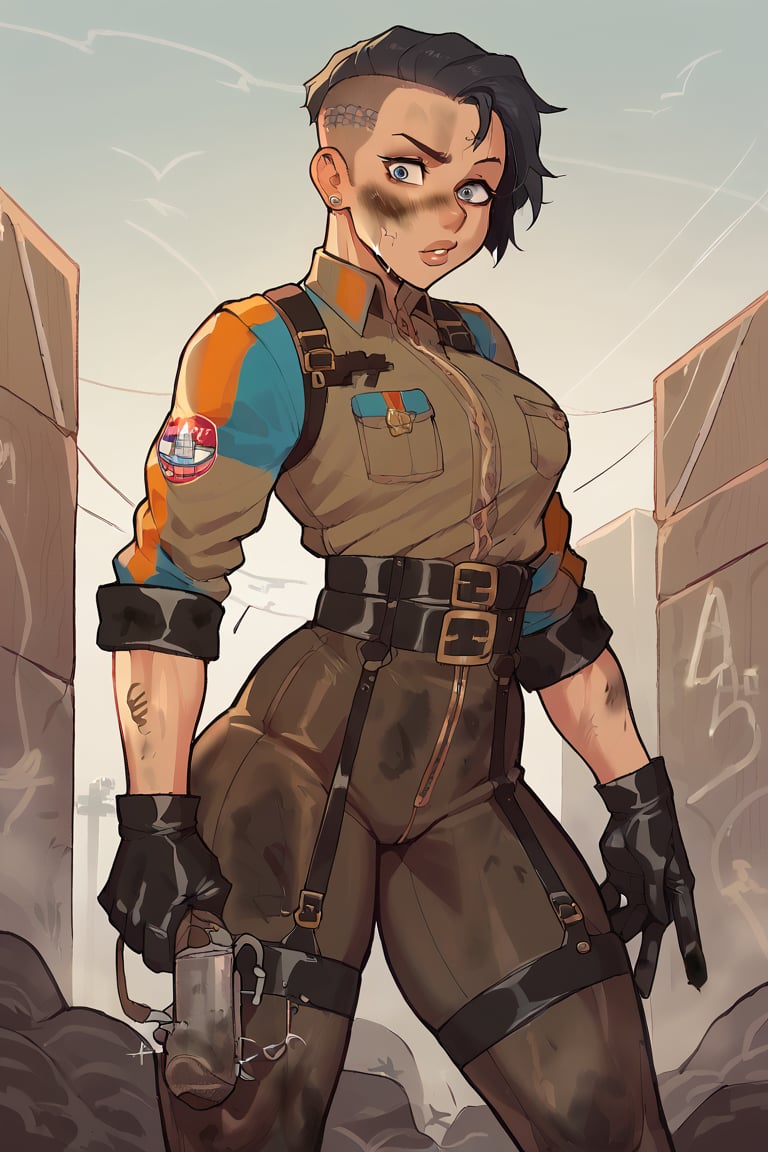 score_9, score_8up, score_7up, source_anime, 1girl, solo_female, cute female ww2 soldier, teenager, bimbo, short hair, buzzcut, tight uniform, leather straps, leather_pouches, garter, stockings, simple_background, basic_background, (fitness, abs, dirt, mud:0.3), war, athletic, gloves, gta5