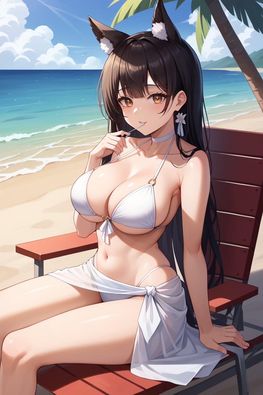 (masterpiece, ultra detailed, 8k, highest quality, expressive eyes, perfect face), 1girl,atago_\(summer_march\)_\(azur_lane\), brown eyes, black hair, animal ears, mole_under_eye,white_bikini,sarong, beach, sitting, beach chair,score_9,score_8_up,score_7_up,source_anime