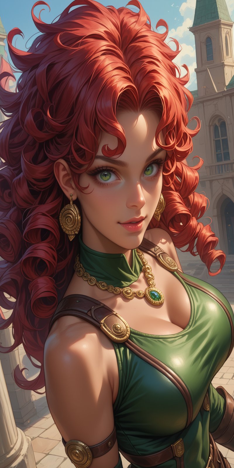 score_9, score_8_up, score_7_up, addXL, 1girl, curvy, wide hips, toned thighs, big breasts, (tanned skin, long hair, curls, detailed hair), earrings, necklace, red hair, green eyes, dark green leather armor, leather arm guards, leather leggings, boots, happy, looking_at_viewer, cinematic angle