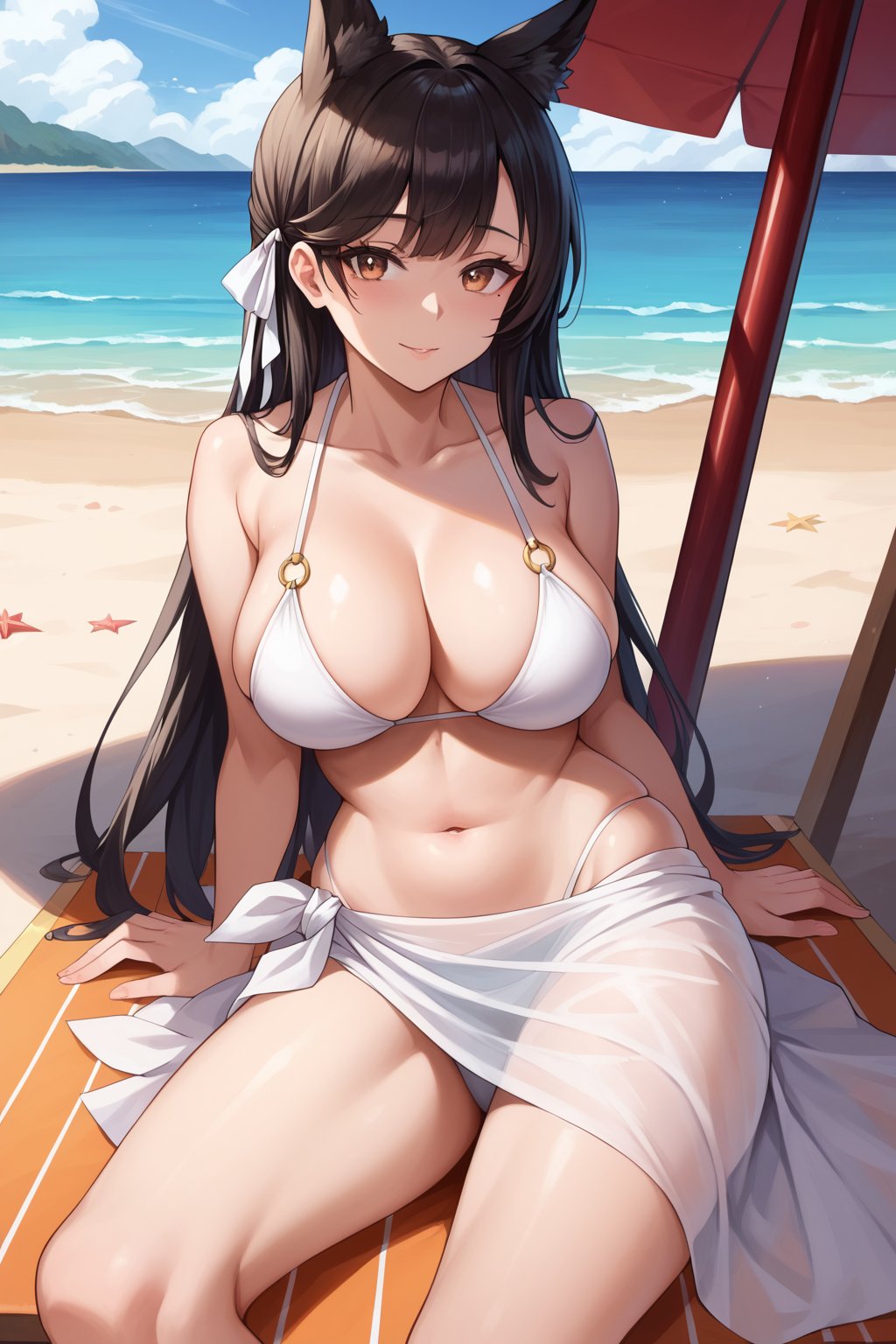 (masterpiece, ultra detailed, 8k, highest quality, expressive eyes, perfect face), 1girl,atago_\(summer_march\)_\(azur_lane\), brown eyes, black hair, animal ears, mole_under_eye,white_bikini,sarong, beach, sitting, beach chair,score_9,score_8_up,score_7_up,source_anime