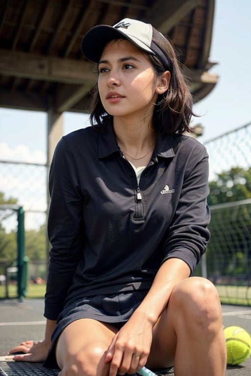 Tennis,practice, tennis ball,hat,outdoors, Mini Skirt,hair_tied,Radiant Skin,serious,focus,Realistic,(Classic Lighting), photorealistic,    (RAW,  dslr,  highest quality),
