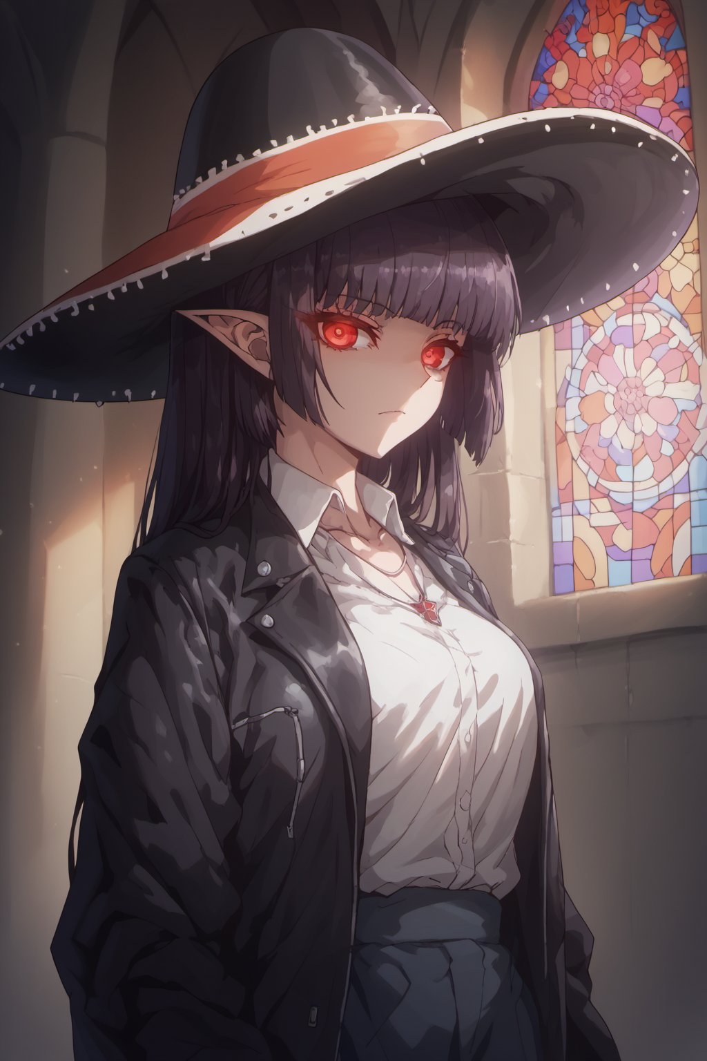  score_9, score_8_up, score_7_up, score_6_up, score_5_up, score_4_up,masterpiece,1 girl,solo,(big black Mexican sombrero,black hat,:1.4),Dark purple hair,sana sunomiya,sana sunomiya,bangs, red eyes, hime cut, (long hair:0.8)ringed eyes, shirt,Collared shirt ,long sleeves, necklace,Black leather jacket,White shirt,Pointed ears,/aya_phimosis,phimosis,Glowing eyes,Stand under the stained glass of a church,Light passing through colored glass produces the Tyndall effect,in the light,blurry,depth of field, glint,looking at viewer,