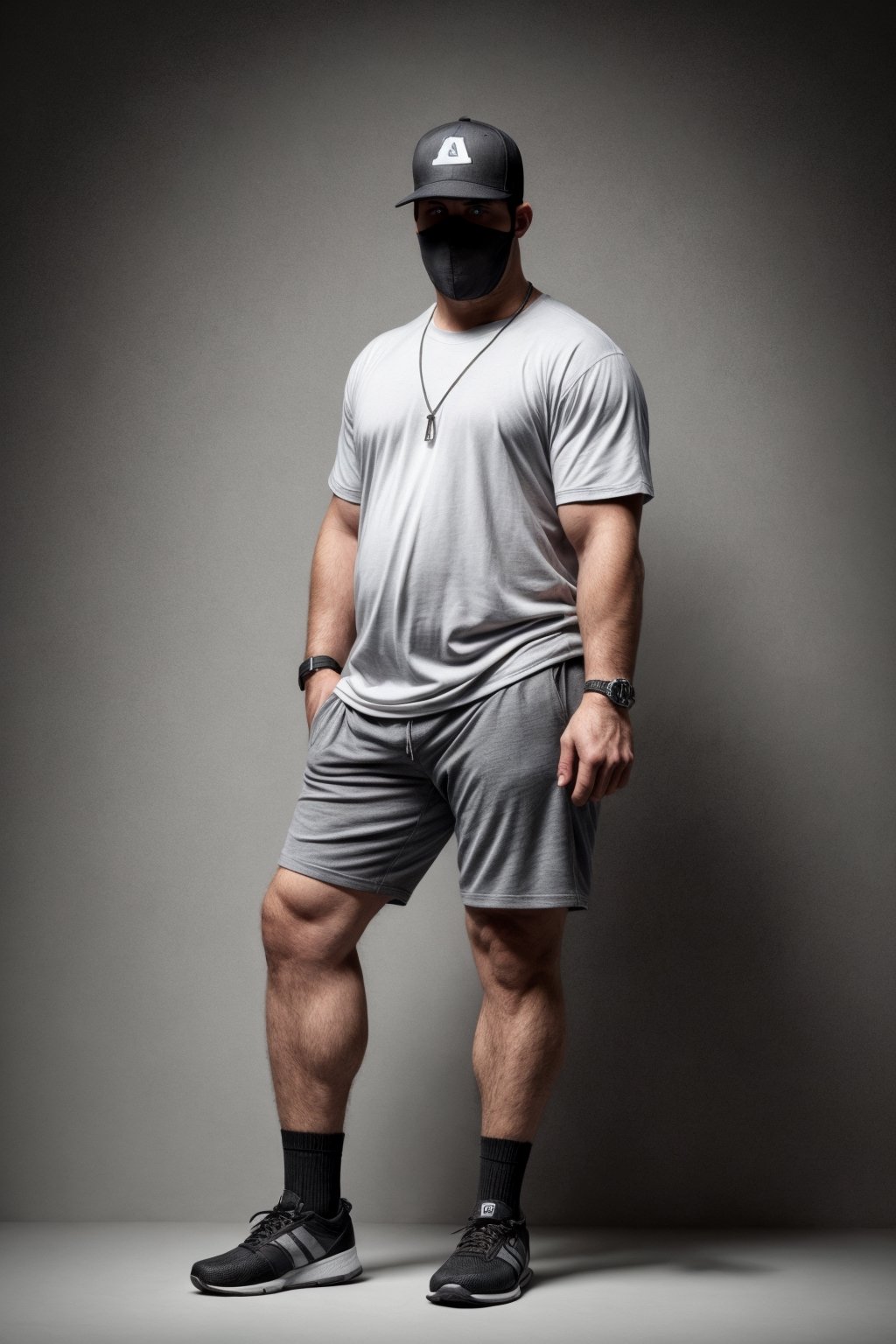 The model is a male with a weight of 90kg, a belly circumference of 160cm, a chest circumference of 120cm, and a height of 170cm. He has a protruding belly, an overweight figure, and no visible muscles. He is wearing a black baseball cap, black sunglasses, and a black mask. wears a watch on his left hand and a silver necklace, his footwear is well-known brand sports shoes. He is clad in a gray short-sleeved T-shirt on the upper body and gray shorts that do not exceed his knees on the lower body. His left hand is in his pocket while his right hand hangs by his side. He stands in the center of the image against a pure white background,full body.