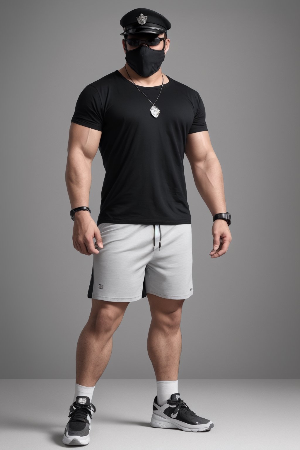 Asian male model, weight 90kg, belly circumference 160cm, chest circumference 120cm, height 170cm, bulging belly, fat body, no muscles, wearing a black peaked cap, black sunglasses, black mask, wearing a watch on the left hand, no jewelry on the right hand, a silver necklace, The shoes are well-known sports shoes. He is wearing a white short-sleeved T-shirt that completely covers his stomach. He is wearing gray shorts that are below the knees. He stands with his hands vertically in the center of the picture. The background of the picture is pure white.,handsome male